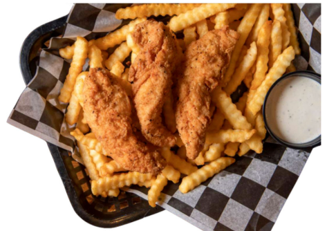 Crispy Chicken Strip Dinner with fries and dipping sauce - Super Burger California