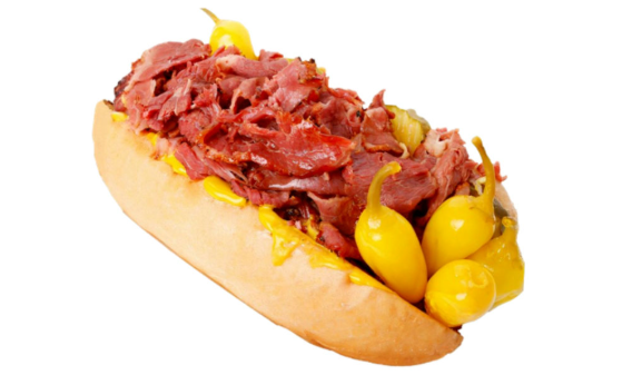 Hot Pastrami Sandwich piled high with melted cheese - Super Burger California