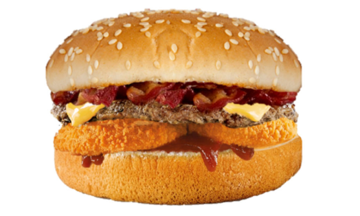 Western Burger with BBQ sauce, bacon, and onion rings - Super Burger California